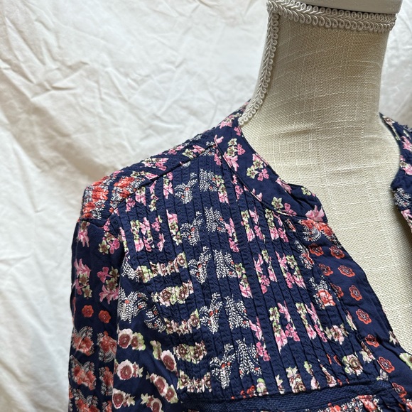 Anthropologie Blue Floral Patchwork Ruffled Hem Split Neck Midi Dress Size XXS - Picture 3 of 12